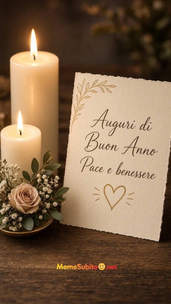 Meme buon anno candele accese e biglietto di auguri sul tavolo