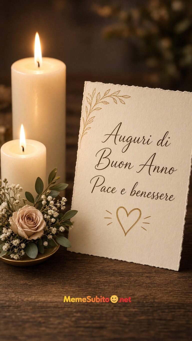 Meme buon anno candele accese e biglietto di auguri sul tavolo