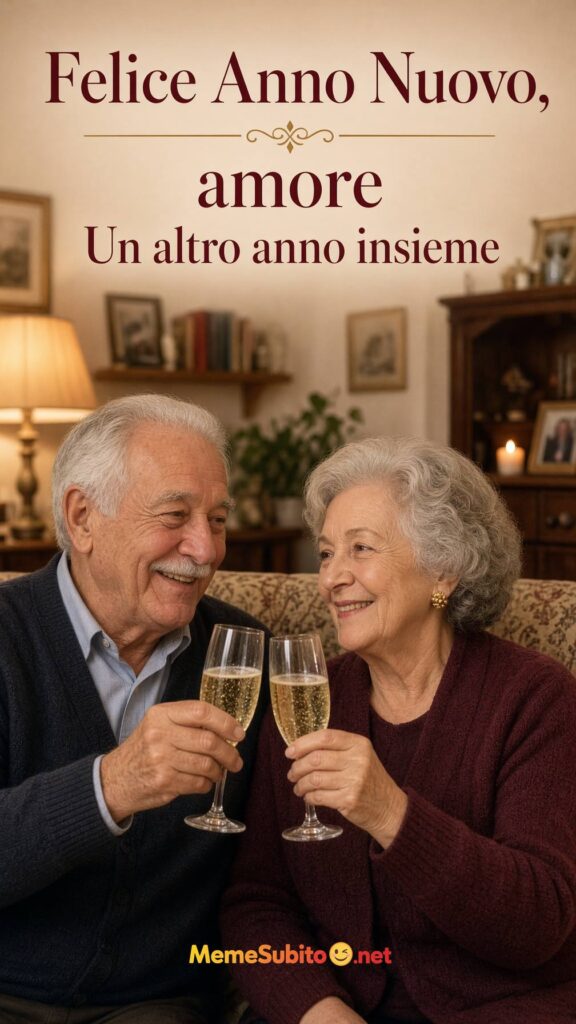 Meme buon anno coppia di anziani che brindano sorridendo
