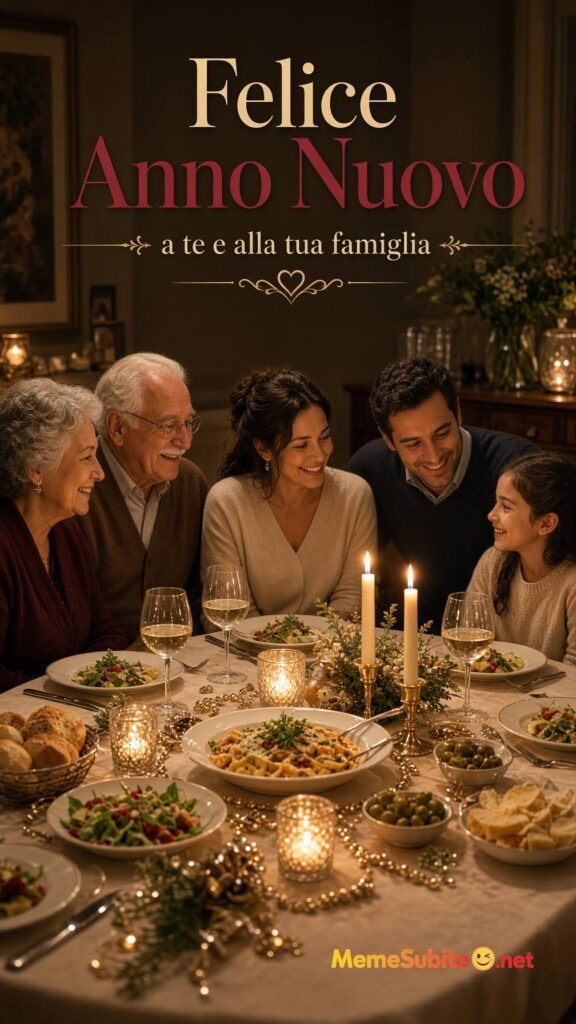 Meme buon anno famiglia italiana seduta a tavola per la cena di Capodanno