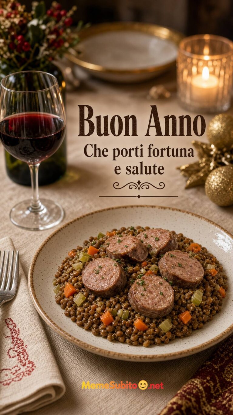 Meme buon anno piatto di lenticchie e cotechino su tavola di Capodanno