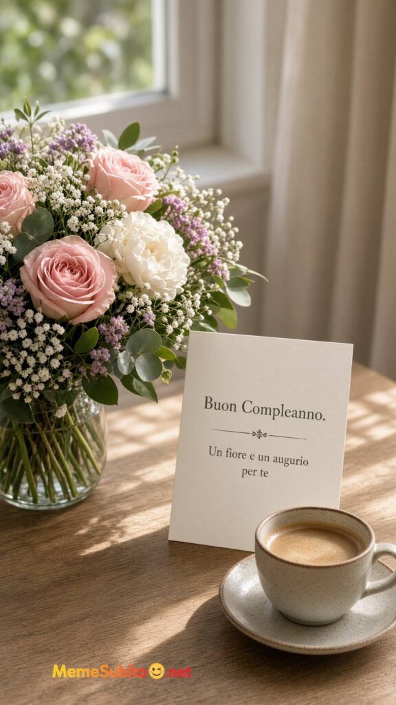Meme buon compleanno bouquet di fiori e biglietto di auguri