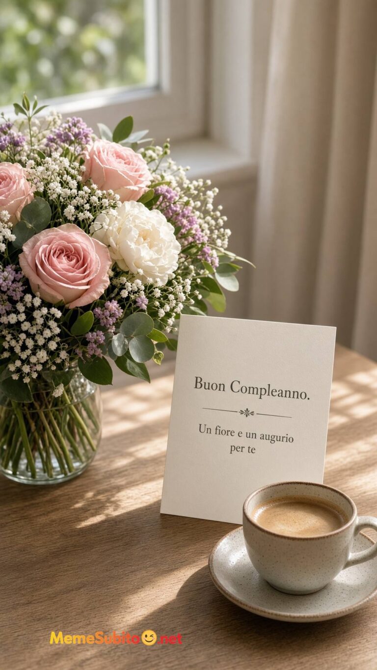 Meme buon compleanno bouquet di fiori e biglietto di auguri