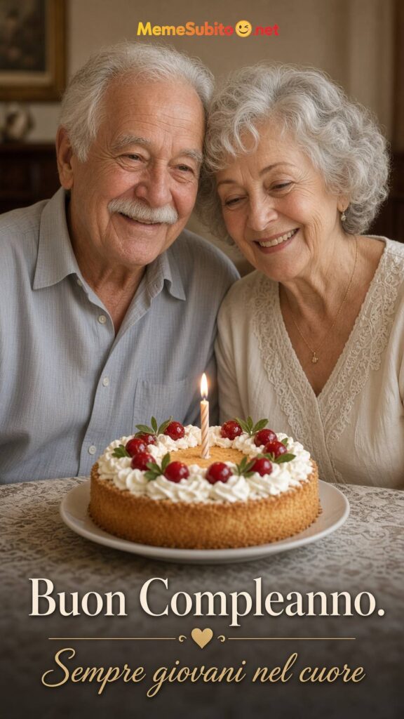 Meme buon compleanno coppia di anziani sorridenti davanti alla torta
