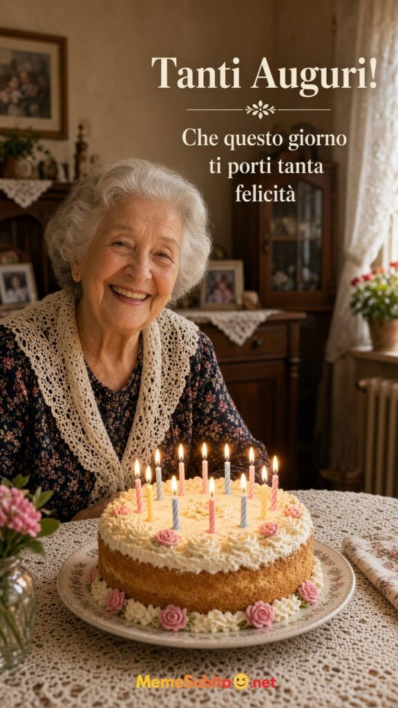 Meme buon compleanno persona anziana sorridente davanti alla torta