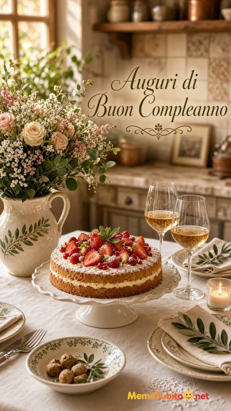 Meme buon compleanno tavola imbandita con torta e fiori