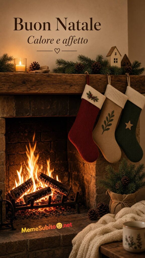 Meme buon natale camino acceso con calze di Natale