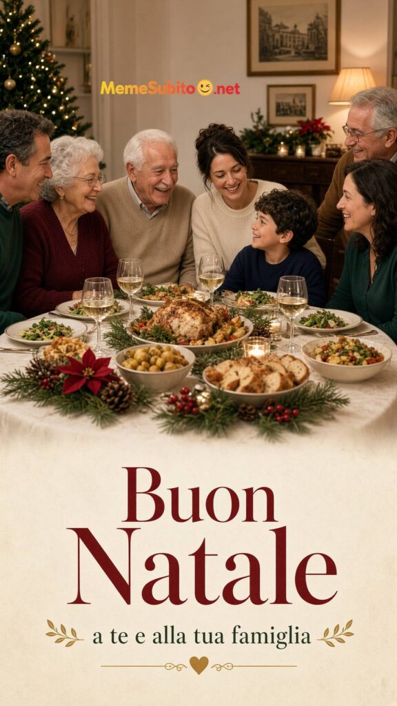 Meme buon natale famiglia italiana seduta a tavola per il pranzo di Natale