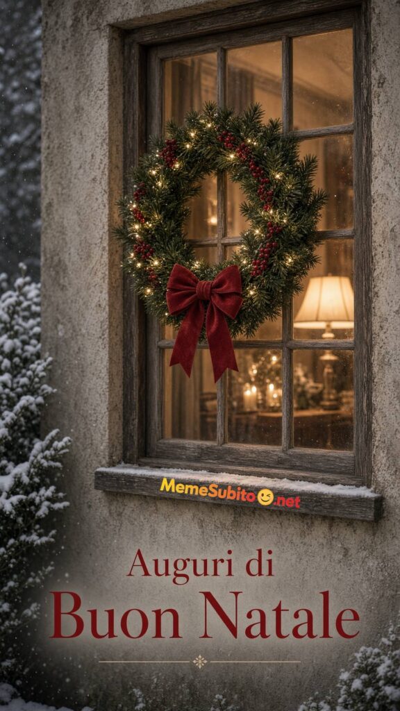 Meme buon natale finestra con ghirlanda natalizia e luce calda