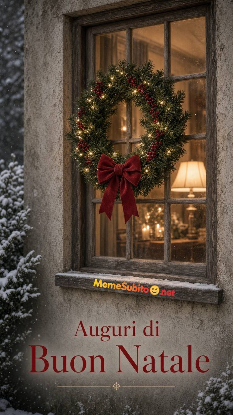 Meme buon natale finestra con ghirlanda natalizia e luce calda