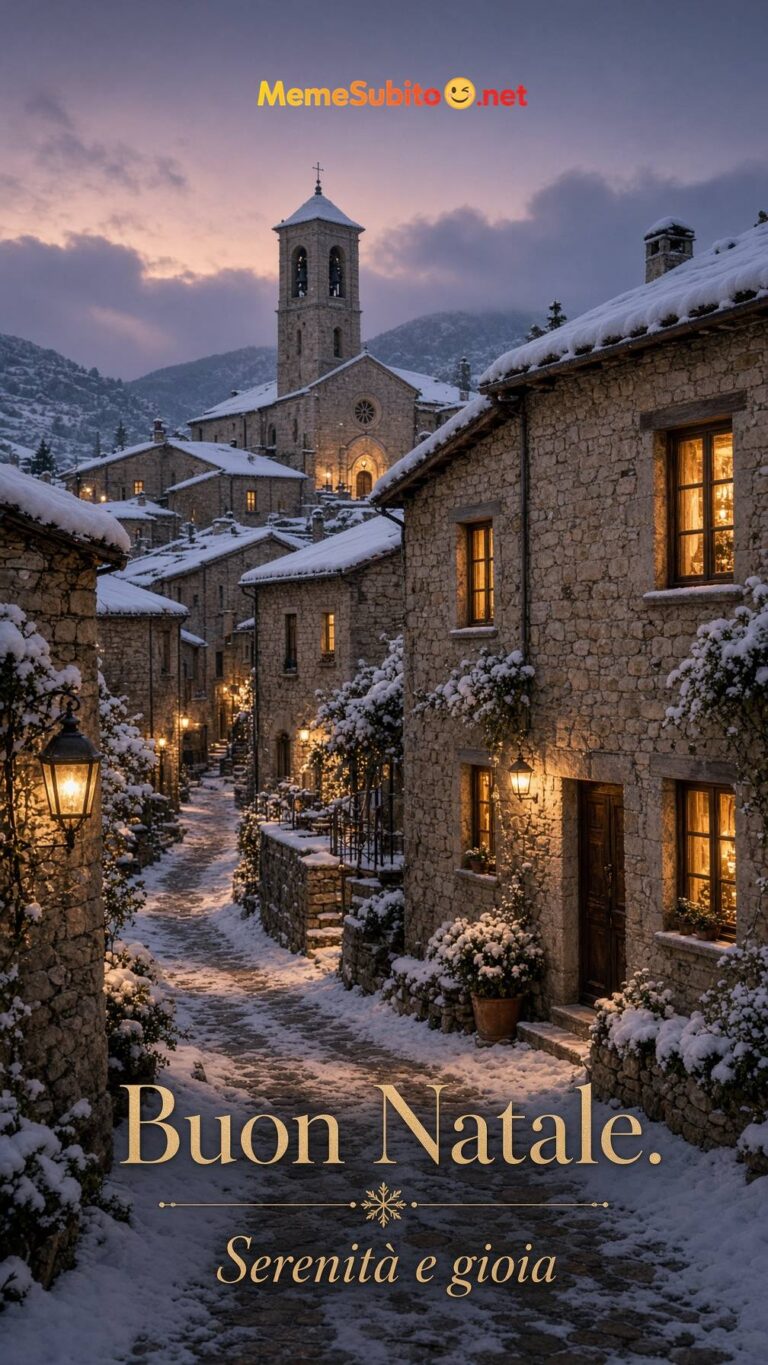 Meme buon natale paesaggio innevato con casette illuminate e chiesa