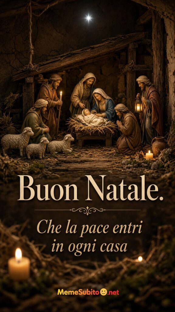 Meme buon natale con presepe tradizionale illuminato dalle candele