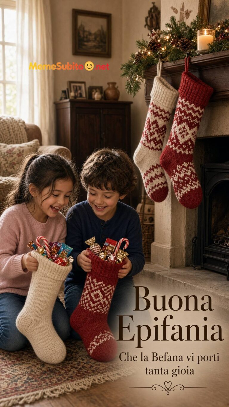 Meme buona epifania bambini che guardano le calze piene di dolci