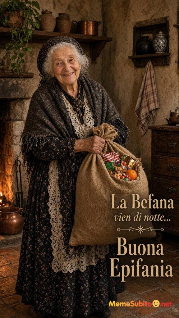 Meme buona epifania Befana sorridente con il sacco dei doni