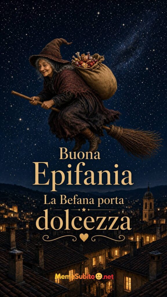 Meme buona epifania Befana in volo sui tetti sotto le stelle