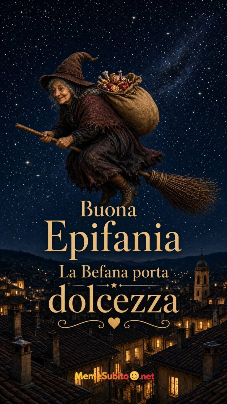 Meme buona epifania Befana in volo sui tetti sotto le stelle