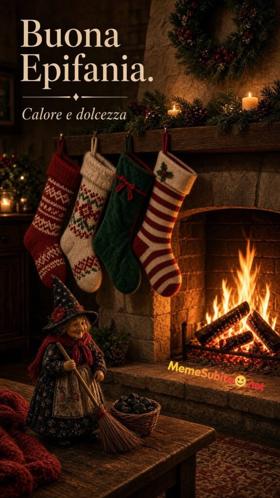 Meme buona epifania camino acceso con calze della Befana