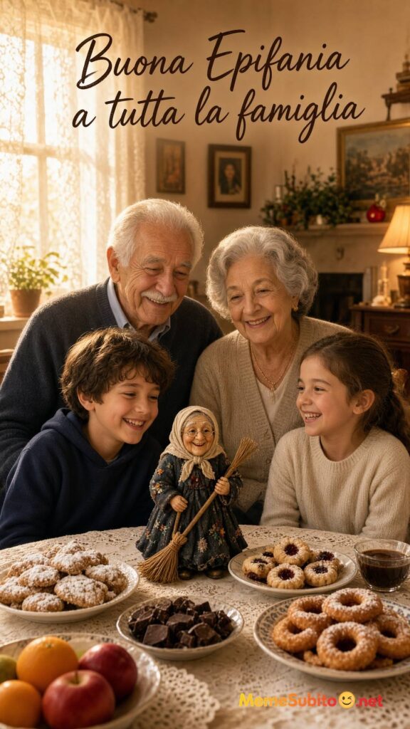 Meme buona epifania nonni e nipoti intorno al tavolo con i dolci
