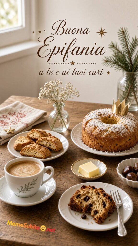 Meme buona epifania tavola con dolci e caffè per l’Epifania Tags: epifania, buona epifania, tavola, dolci, famiglia, whatsapp
