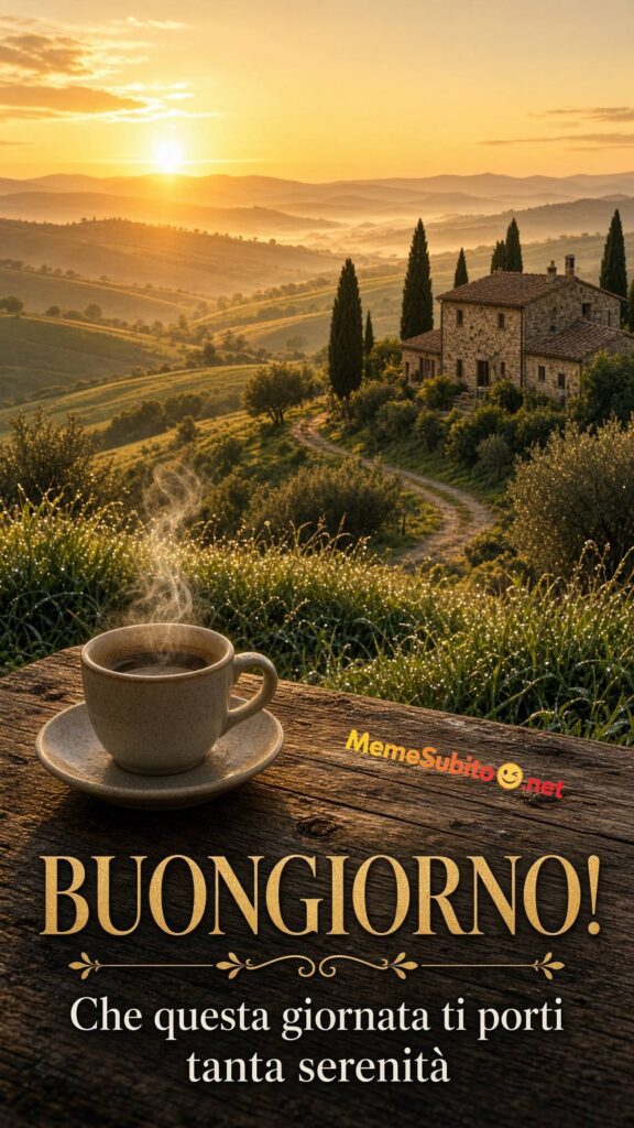 Meme buongiorno alba sulle colline toscane con cipressi e tazza di caffè in primo piano