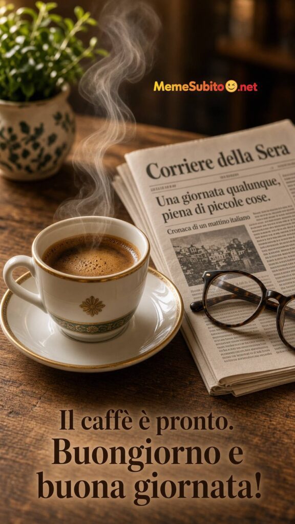 Meme buongiorno tazza di caffè espresso e giornale sul tavolo