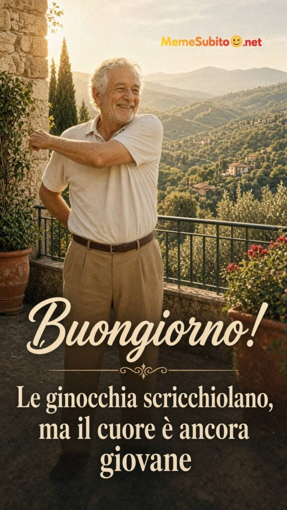 Meme buongiorno uomo anziano che si stiracchia sorridendo al mattino