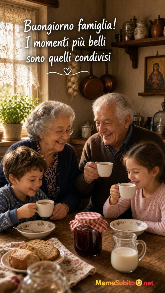 Meme buongiorno nonni e nipoti seduti a tavola per la colazione