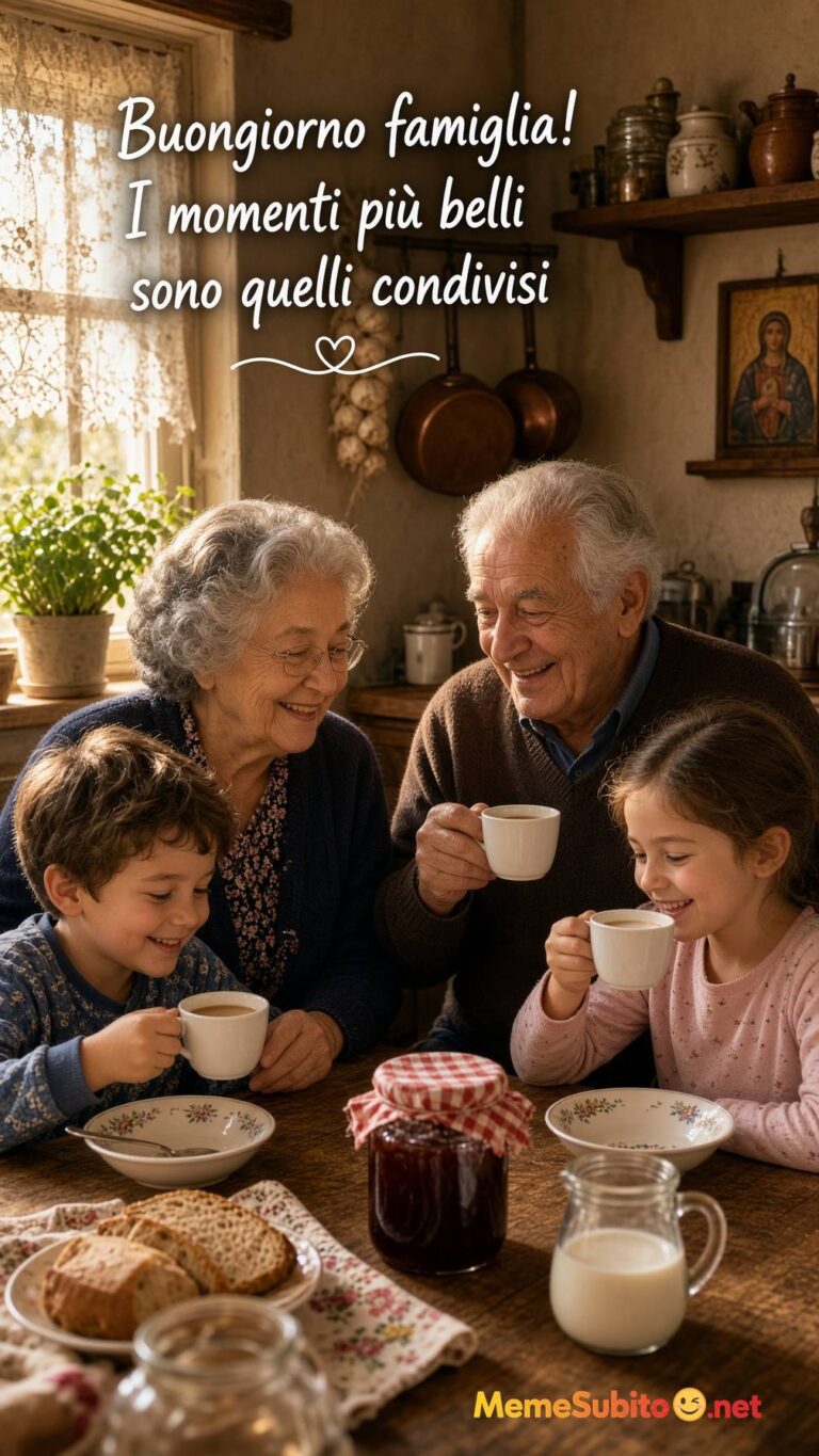Meme buongiorno nonni e nipoti seduti a tavola per la colazione