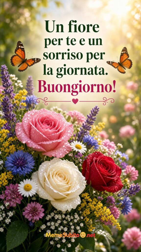 Meme buongiorno mazzo di fiori colorati con rugiada e farfalle