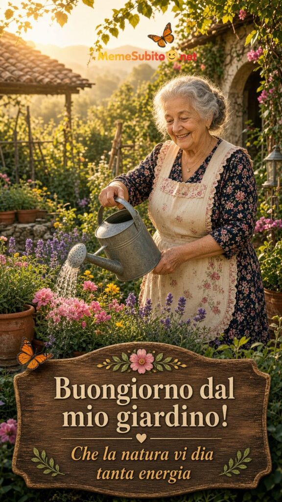 Meme buongiorno nonna nel giardino che innaffia i fiori