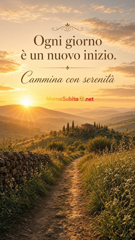 Meme motivazionale alba dorata sulla campagna italiana con sentiero
