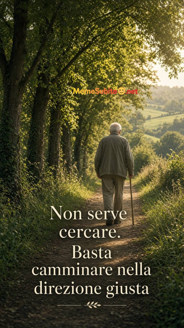 Meme motivazionale persona anziana che cammina su un sentiero alberato