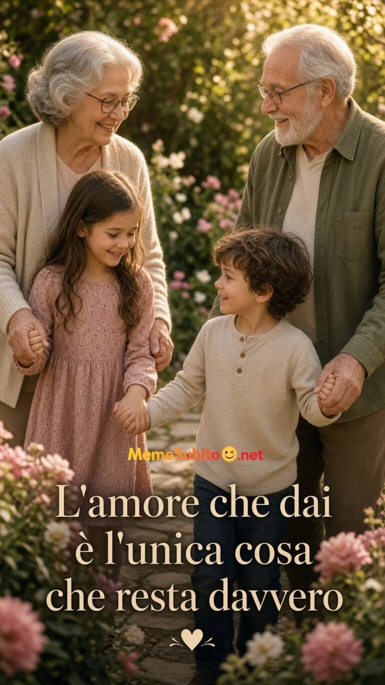 Meme motivazionale nonni e nipoti che si tengono per mano in giardino