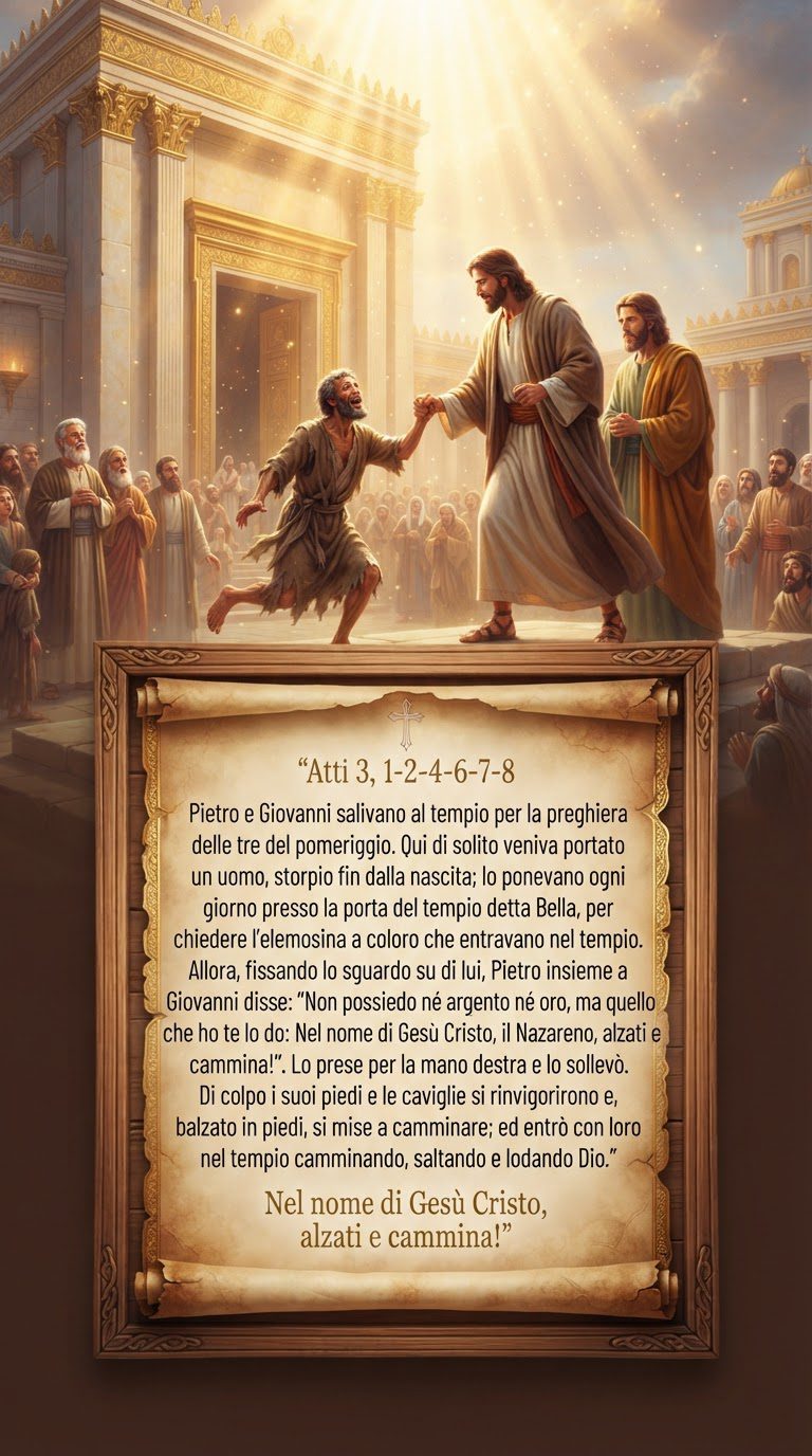 Meme religioso Atti 3 - Nel nome di Gesù Cristo, il Nazareno, alzati e cammina! Pietro guarisce lo storpio