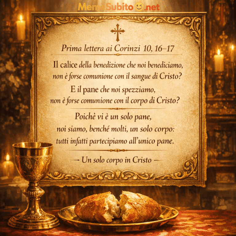 Meme religioso 1 Corinzi 10,16-17 - Il calice della benedizione e il pane spezzato, comunione con il corpo e il sangue di Cristo