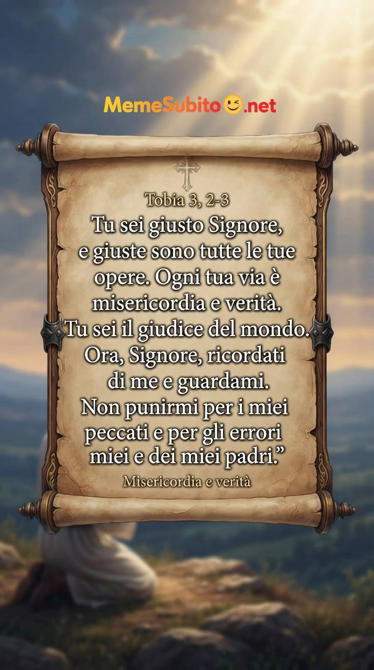 Meme religioso Tobia 3,2-3 - Tu sei giusto Signore, ogni tua via è misericordia e verità