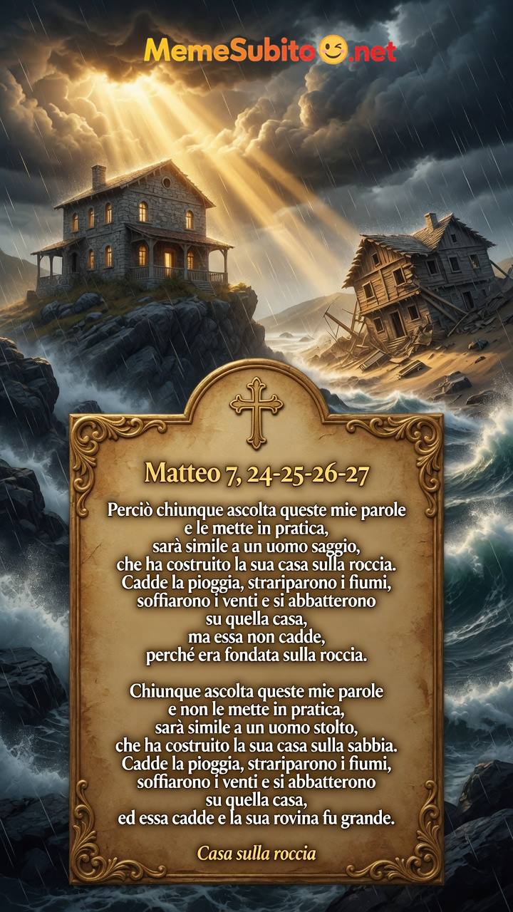 Meme religioso Matteo 7,24-27 - Chi ascolta le mie parole e le mette in pratica costruisce sulla roccia