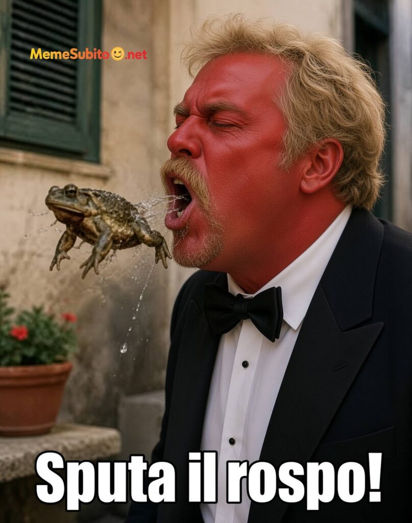 Meme divertente uomo in smoking con la faccia rossa che sputa un rospo, scritta Sputa il rospo